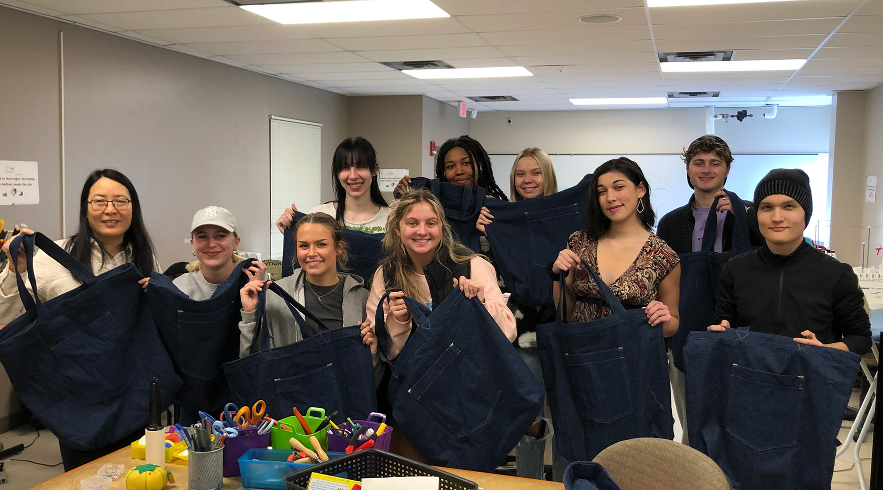 Dongming Zhao and students in AMDT 211 designed and assembled durable bags for students utilizing the Cougar Food Pantry.